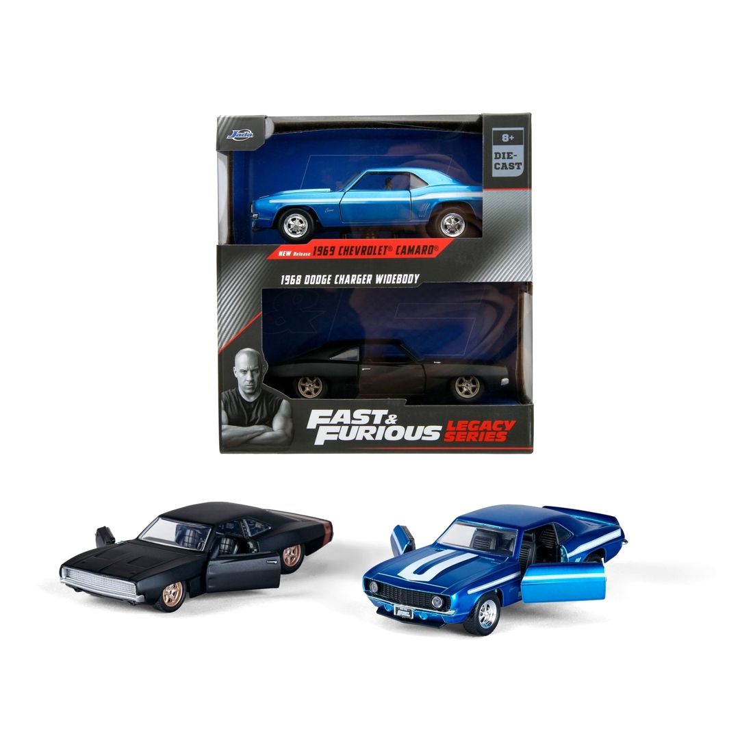 Jada Toys Fast & Furious Legacy Series 1969 Chevrolet Camaro And 1968 Dodge Charger Widebody 1.32 Diecast Model Car (Pack of 2)